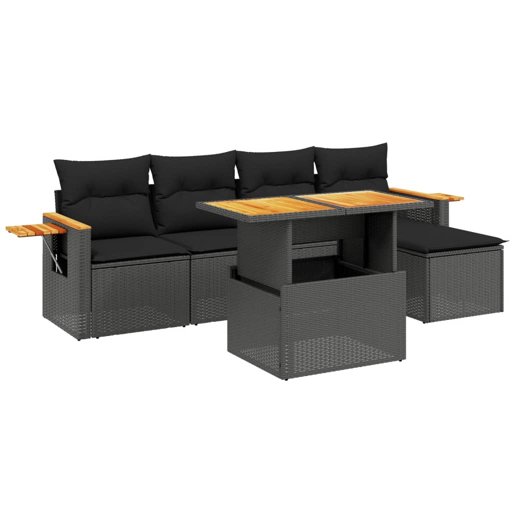 6-tlg. Garten-Sofagarnitur mit Kissen Schwarz Poly Rattan