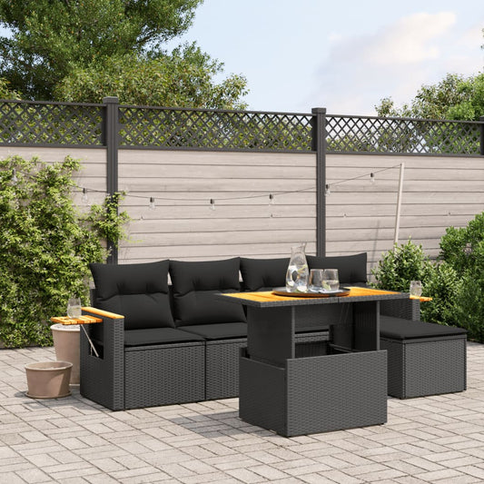 6-tlg. Garten-Sofagarnitur mit Kissen Schwarz Poly Rattan