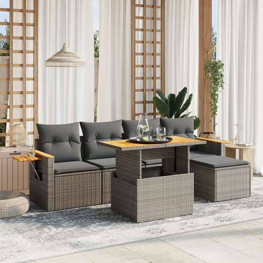 6-tlg. Garten-Sofagarnitur mit Kissen Grau Poly Rattan