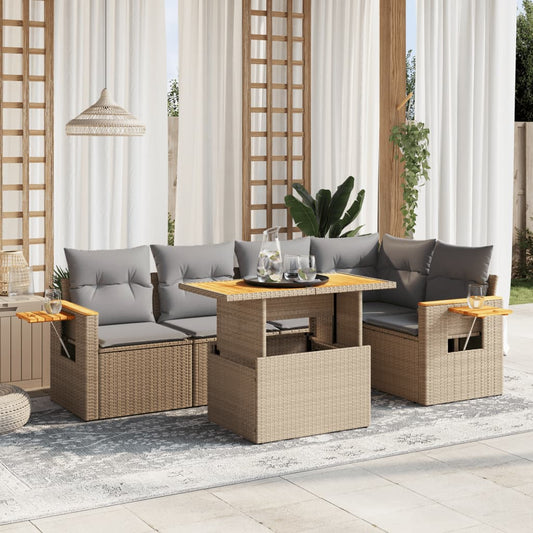 6-tlg. Garten-Sofagarnitur mit Kissen Beige Poly Rattan