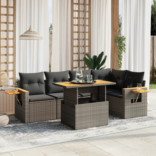 6-tlg. Garten-Sofagarnitur mit Kissen Grau Poly Rattan