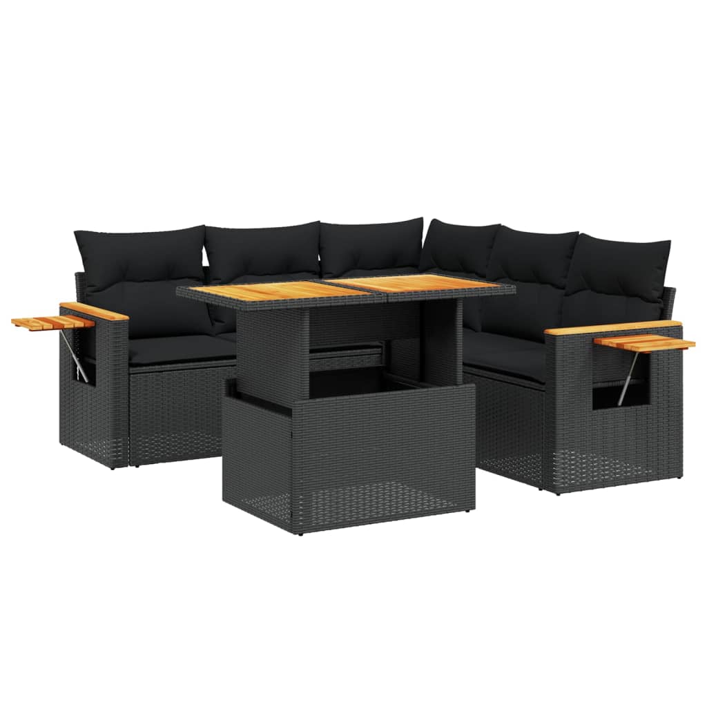 6-tlg. Garten-Sofagarnitur mit Kissen Schwarz Poly Rattan