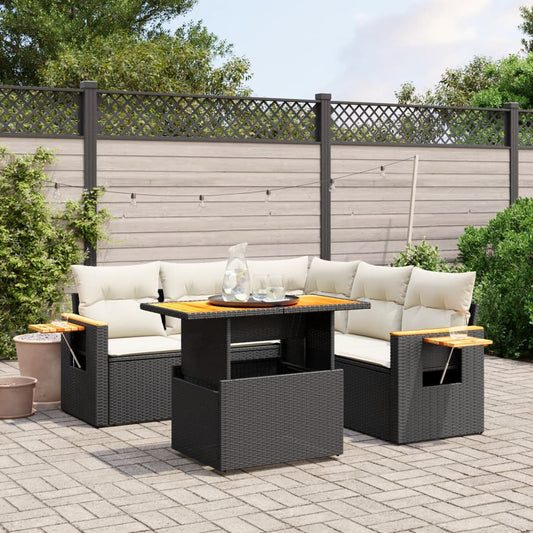 6-tlg. Garten-Sofagarnitur mit Kissen Schwarz Poly Rattan