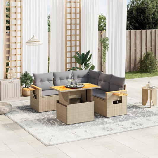 6-tlg. Garten-Sofagarnitur mit Kissen Beige Poly Rattan