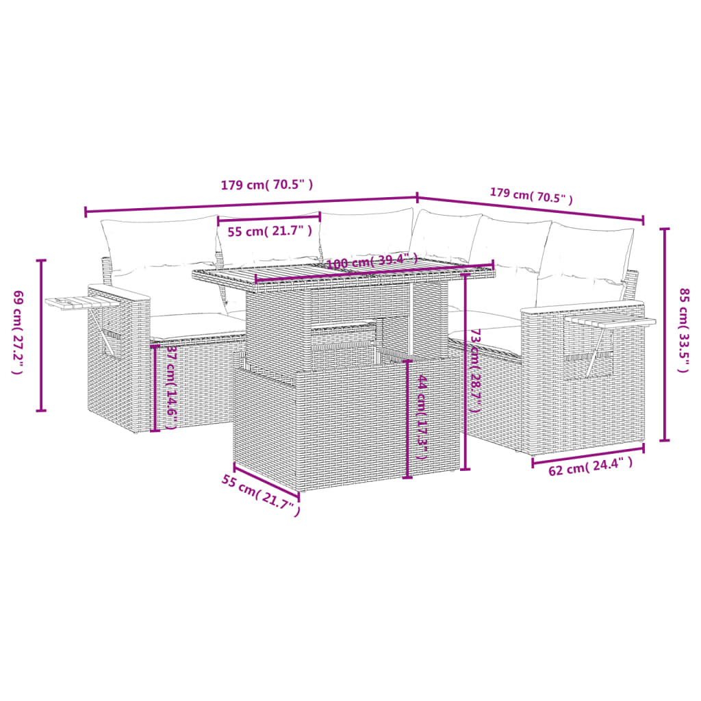 6-tlg. Garten-Sofagarnitur mit Kissen Grau Poly Rattan