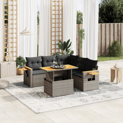 6-tlg. Garten-Sofagarnitur mit Kissen Grau Poly Rattan