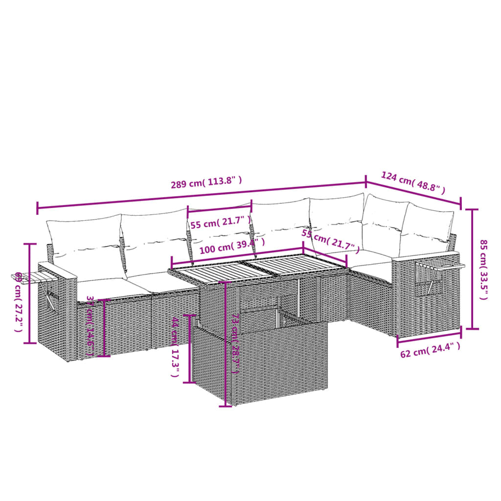 7-tlg. Garten-Sofagarnitur mit Kissen Schwarz Poly Rattan