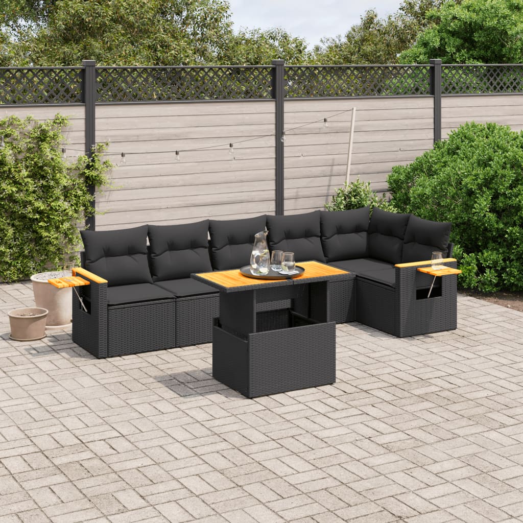 7-tlg. Garten-Sofagarnitur mit Kissen Schwarz Poly Rattan