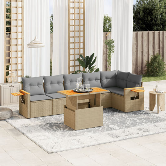 7-tlg. Garten-Sofagarnitur mit Kissen Beige Poly Rattan