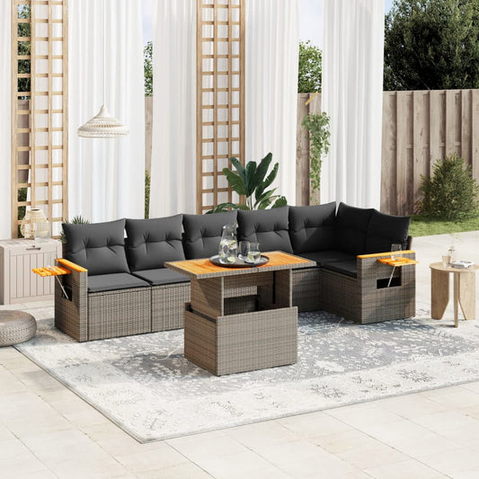 7-tlg. Garten-Sofagarnitur mit Kissen Grau Poly Rattan