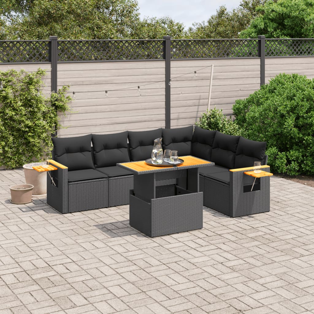 7-tlg. Garten-Sofagarnitur mit Kissen Schwarz Poly Rattan