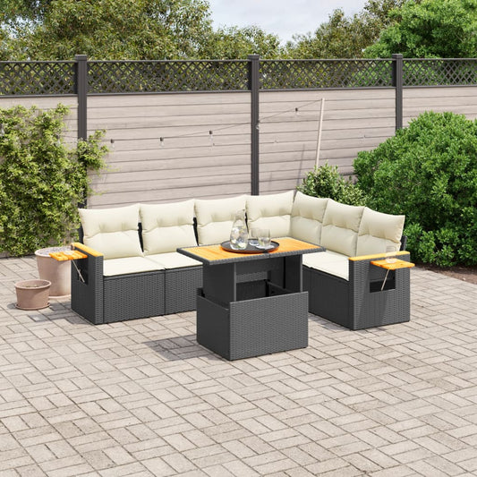 7-tlg. Garten-Sofagarnitur mit Kissen Schwarz Poly Rattan