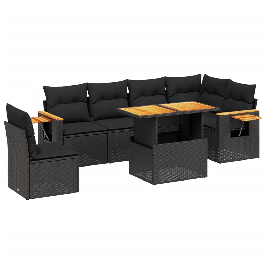 7-tlg. Garten-Sofagarnitur mit Kissen Schwarz Poly Rattan