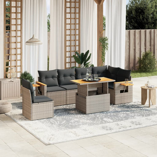 7-tlg. Garten-Sofagarnitur mit Kissen Grau Poly Rattan