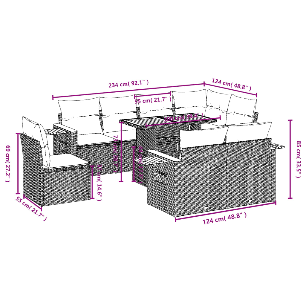 9-tlg. Garten-Sofagarnitur mit Kissen Schwarz Poly Rattan