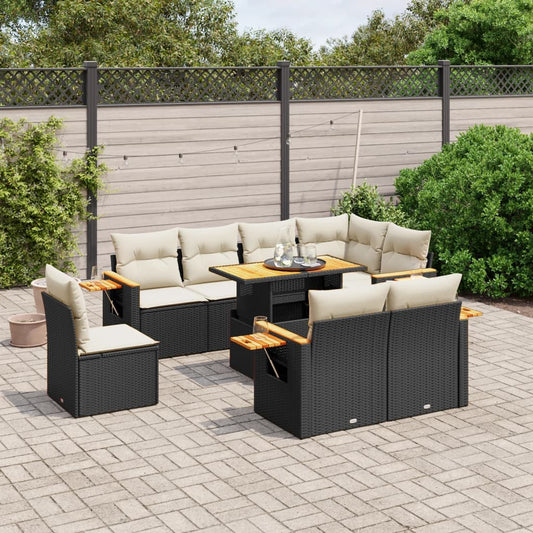 9-tlg. Garten-Sofagarnitur mit Kissen Schwarz Poly Rattan