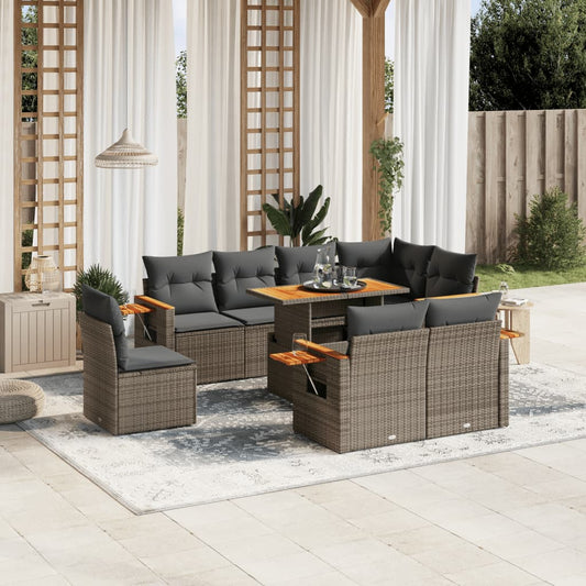 9-tlg. Garten-Sofagarnitur mit Kissen Grau Poly Rattan