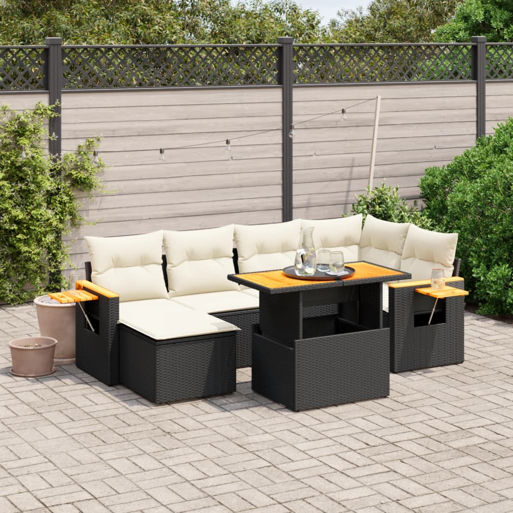 7-tlg. Garten-Sofagarnitur mit Kissen Schwarz Poly Rattan