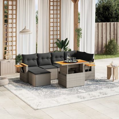 7-tlg. Garten-Sofagarnitur mit Kissen Grau Poly Rattan