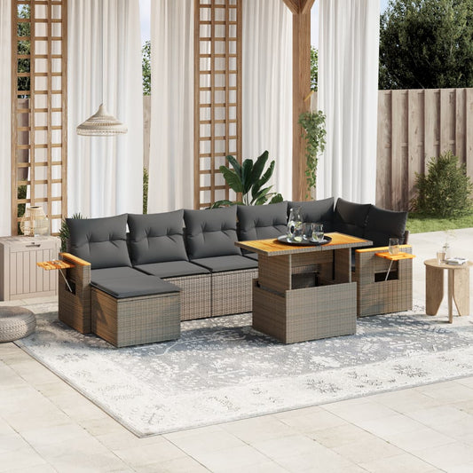 8-tlg. Garten-Sofagarnitur mit Kissen Grau Poly Rattan