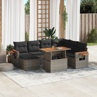 8-tlg. Garten-Sofagarnitur mit Kissen Grau Poly Rattan