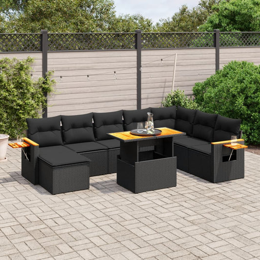 9-tlg. Garten-Sofagarnitur mit Kissen Schwarz Poly Rattan