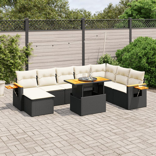 9-tlg. Garten-Sofagarnitur mit Kissen Schwarz Poly Rattan