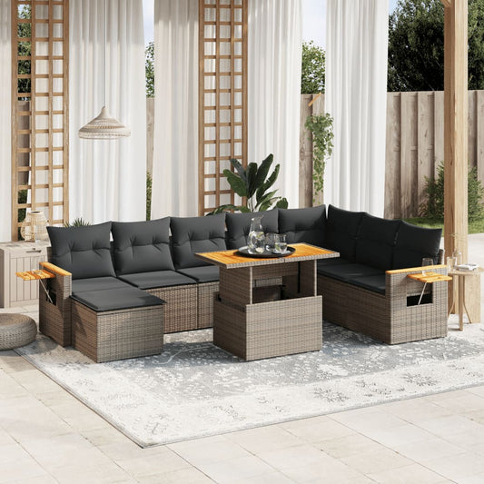 9-tlg. Garten-Sofagarnitur mit Kissen Grau Poly Rattan