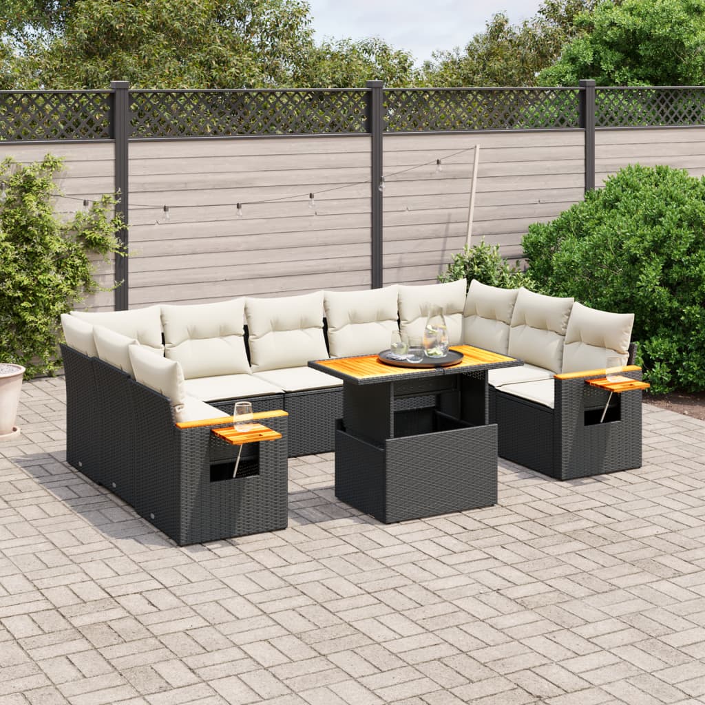 10-tlg. Garten-Sofagarnitur mit Kissen Schwarz Poly Rattan