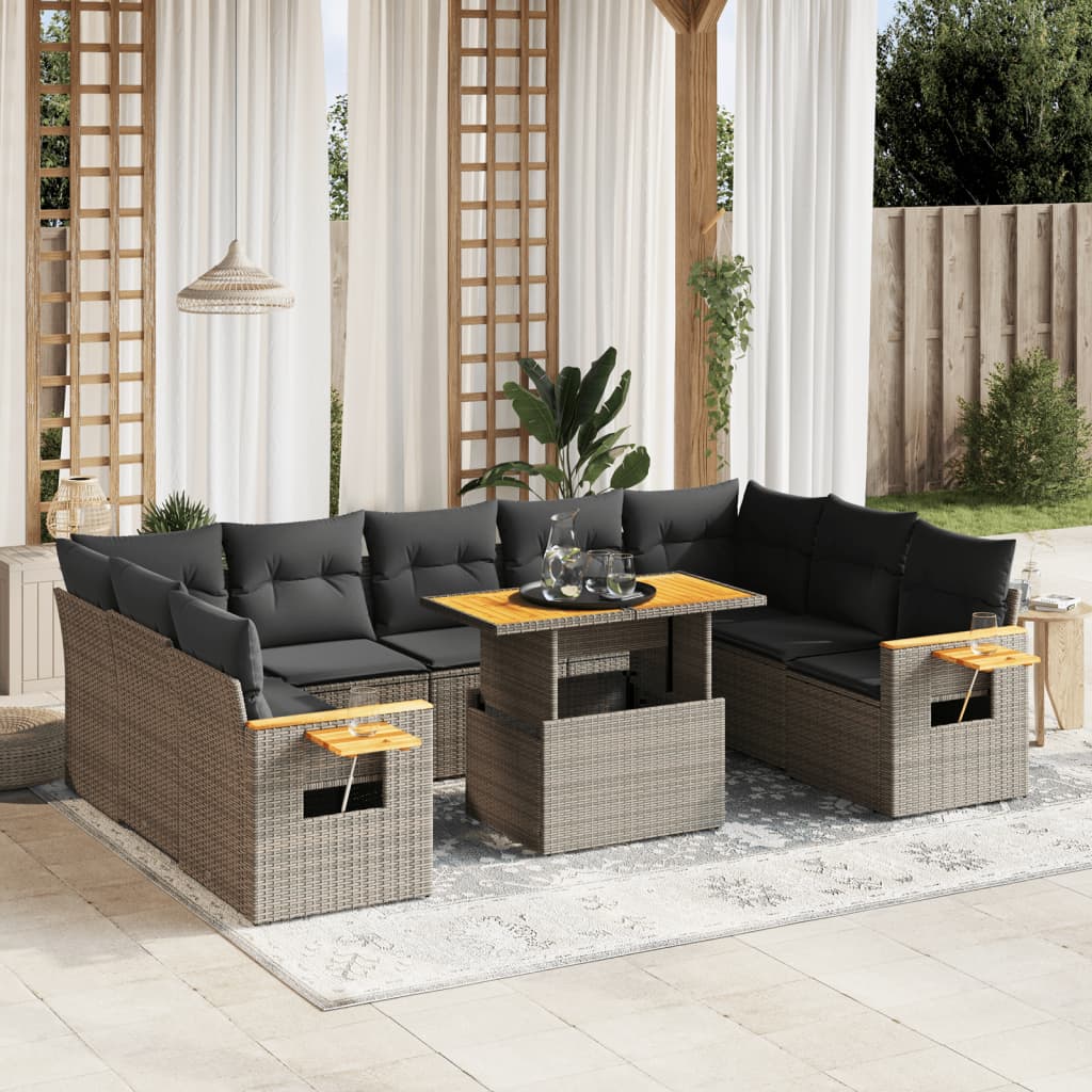 10-tlg. Garten-Sofagarnitur mit Kissen Grau Poly Rattan