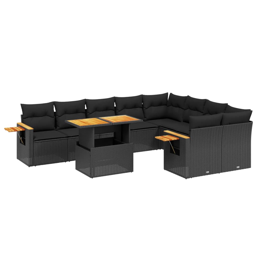 10-tlg. Garten-Sofagarnitur mit Kissen Schwarz Poly Rattan