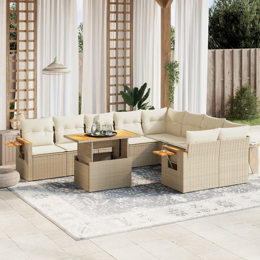 10-tlg. Garten-Sofagarnitur mit Kissen Beige Poly Rattan