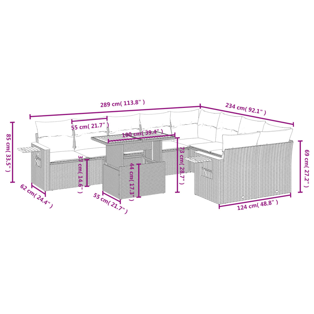 10-tlg. Garten-Sofagarnitur mit Kissen Grau Poly Rattan