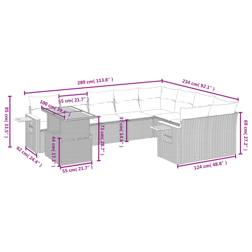 10-tlg. Garten-Sofagarnitur mit Kissen Schwarz Poly Rattan