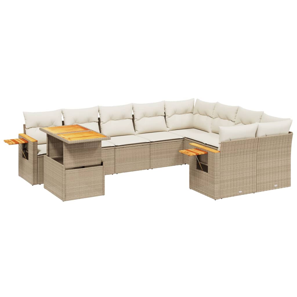 10-tlg. Garten-Sofagarnitur mit Kissen Beige Poly Rattan