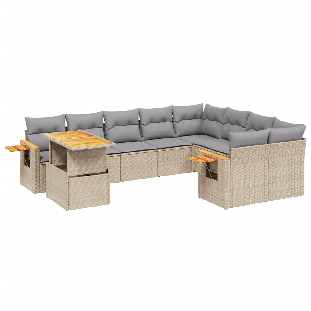 10-tlg. Garten-Sofagarnitur mit Kissen Beige Poly Rattan