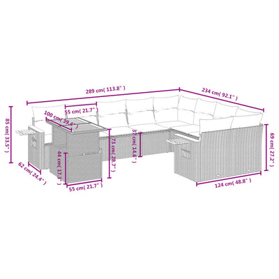 10-tlg. Garten-Sofagarnitur mit Kissen Grau Poly Rattan