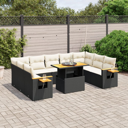 11-tlg. Garten-Sofagarnitur mit Kissen Schwarz Poly Rattan