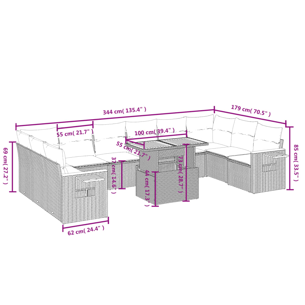 11-tlg. Garten-Sofagarnitur mit Kissen Grau Poly Rattan