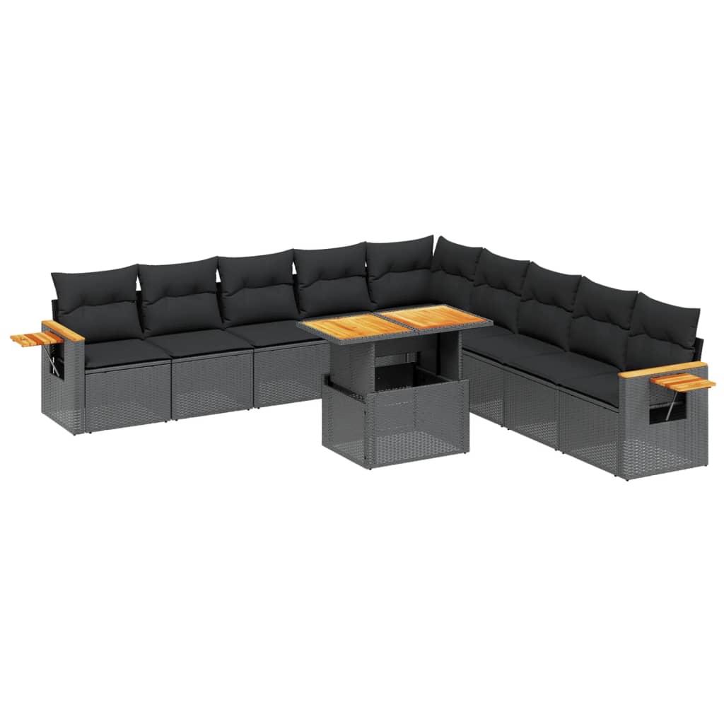 11-tlg. Garten-Sofagarnitur mit Kissen Schwarz Poly Rattan