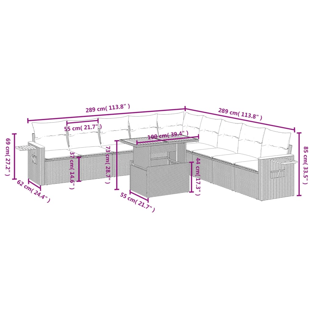 11-tlg. Garten-Sofagarnitur mit Kissen Schwarz Poly Rattan