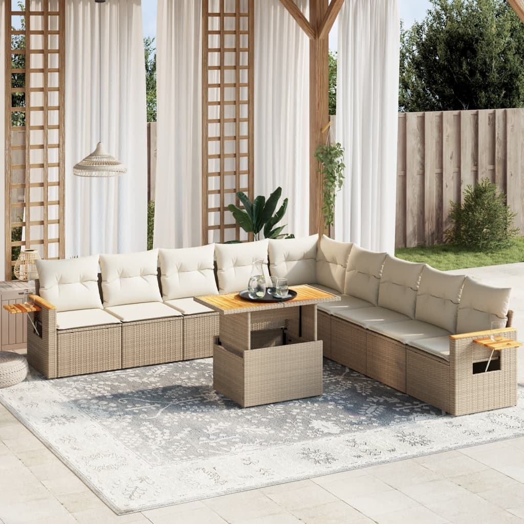 11-tlg. Garten-Sofagarnitur mit Kissen Beige Poly Rattan