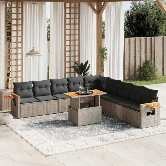 11-tlg. Garten-Sofagarnitur mit Kissen Grau Poly Rattan