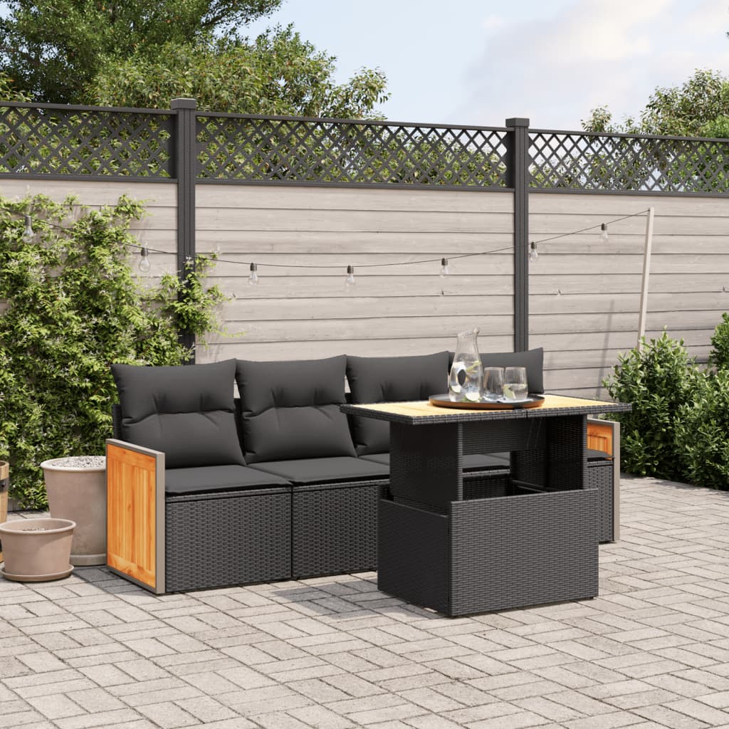 5-tlg. Garten-Sofagarnitur mit Kissen Schwarz Poly Rattan