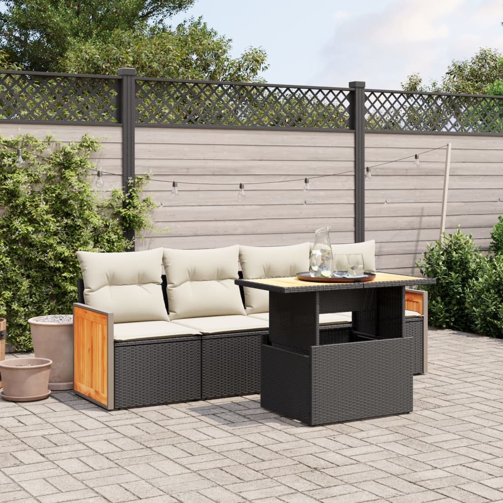 5-tlg. Garten-Sofagarnitur mit Kissen Schwarz Poly Rattan