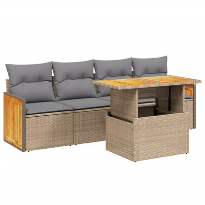 5-tlg. Garten-Sofagarnitur mit Kissen Beige Poly Rattan