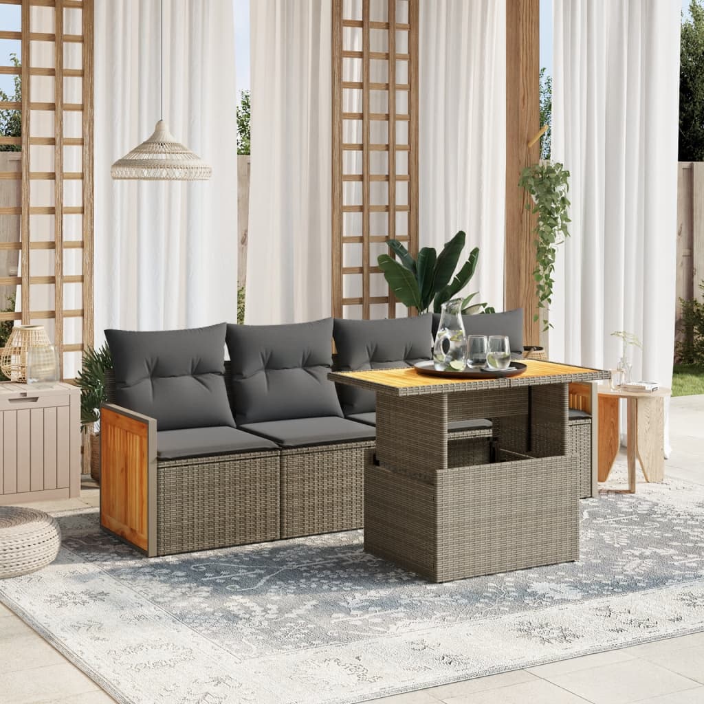 5-tlg. Garten-Sofagarnitur mit Kissen Grau Poly Rattan