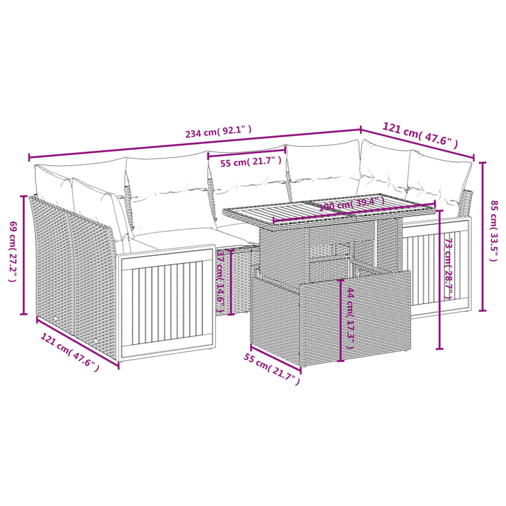 7-tlg. Garten-Sofagarnitur mit Kissen Schwarz Poly Rattan