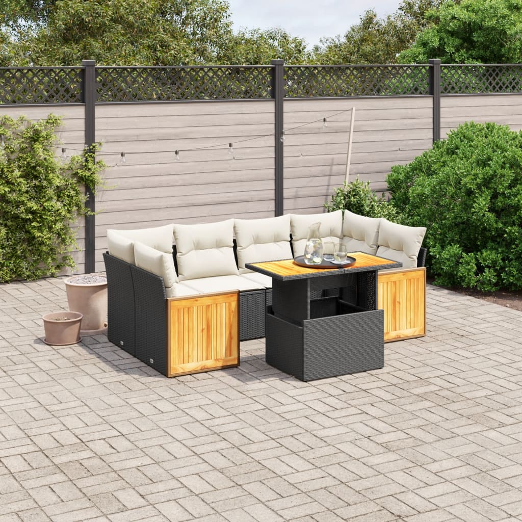 7-tlg. Garten-Sofagarnitur mit Kissen Schwarz Poly Rattan