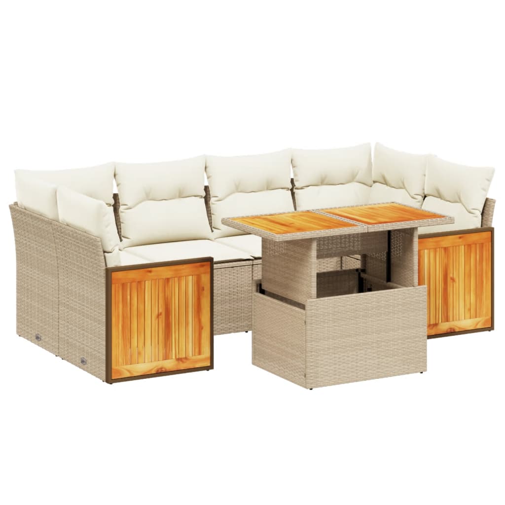 7-tlg. Garten-Sofagarnitur mit Kissen Beige Poly Rattan